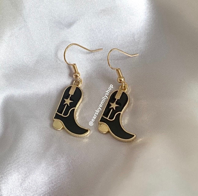 Black and gold western cowboy boot earrings