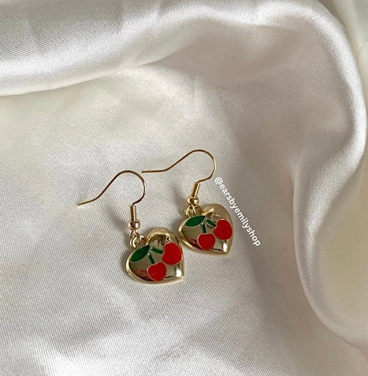 Red cherry in gold heart dangle earrings
