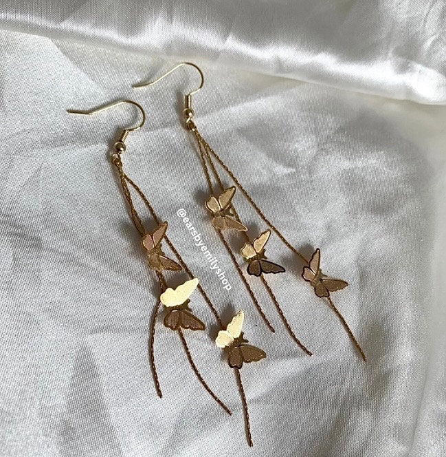 18k gold or silver plated butterfly chain trio earrings