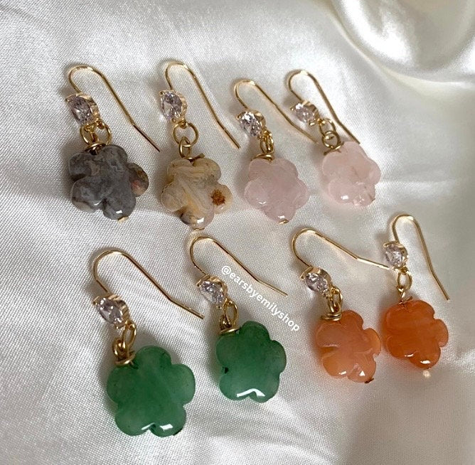 Gold plated semi precious flower crystal drop dangle earrings with diamanté  - rose quartz, carnelian, green aventurine, agate