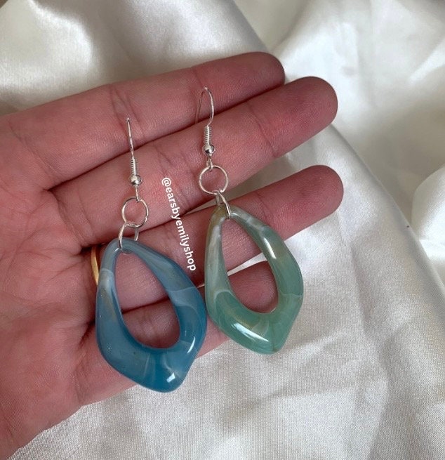 Blue or green abstract silver earrings