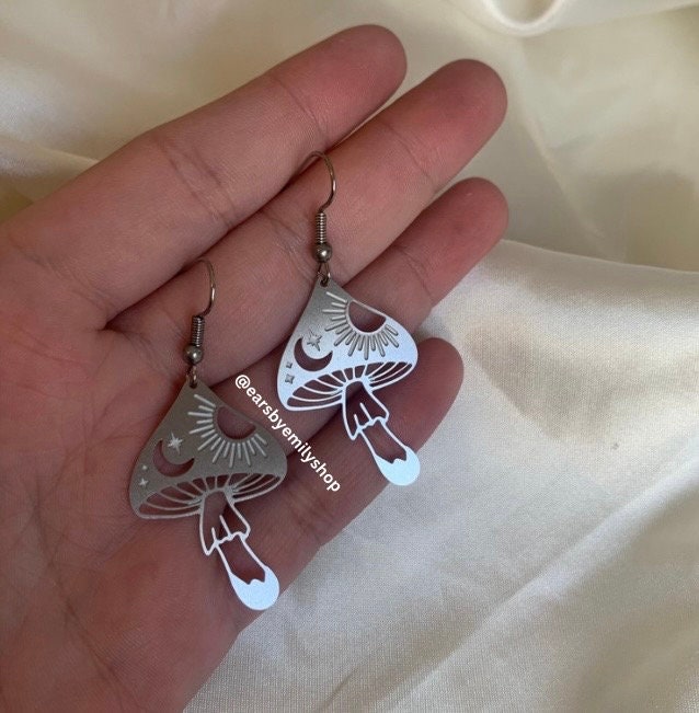 Celestial stainless steel mushroom toadstool dangle earrings
