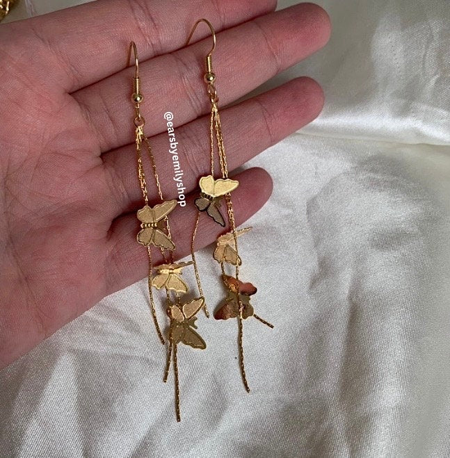 18k gold or silver plated butterfly chain trio earrings
