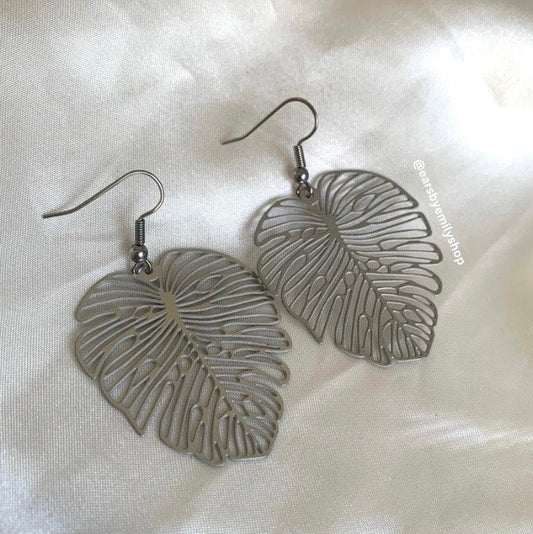 Stainless steel large outline leaf dangle earrings