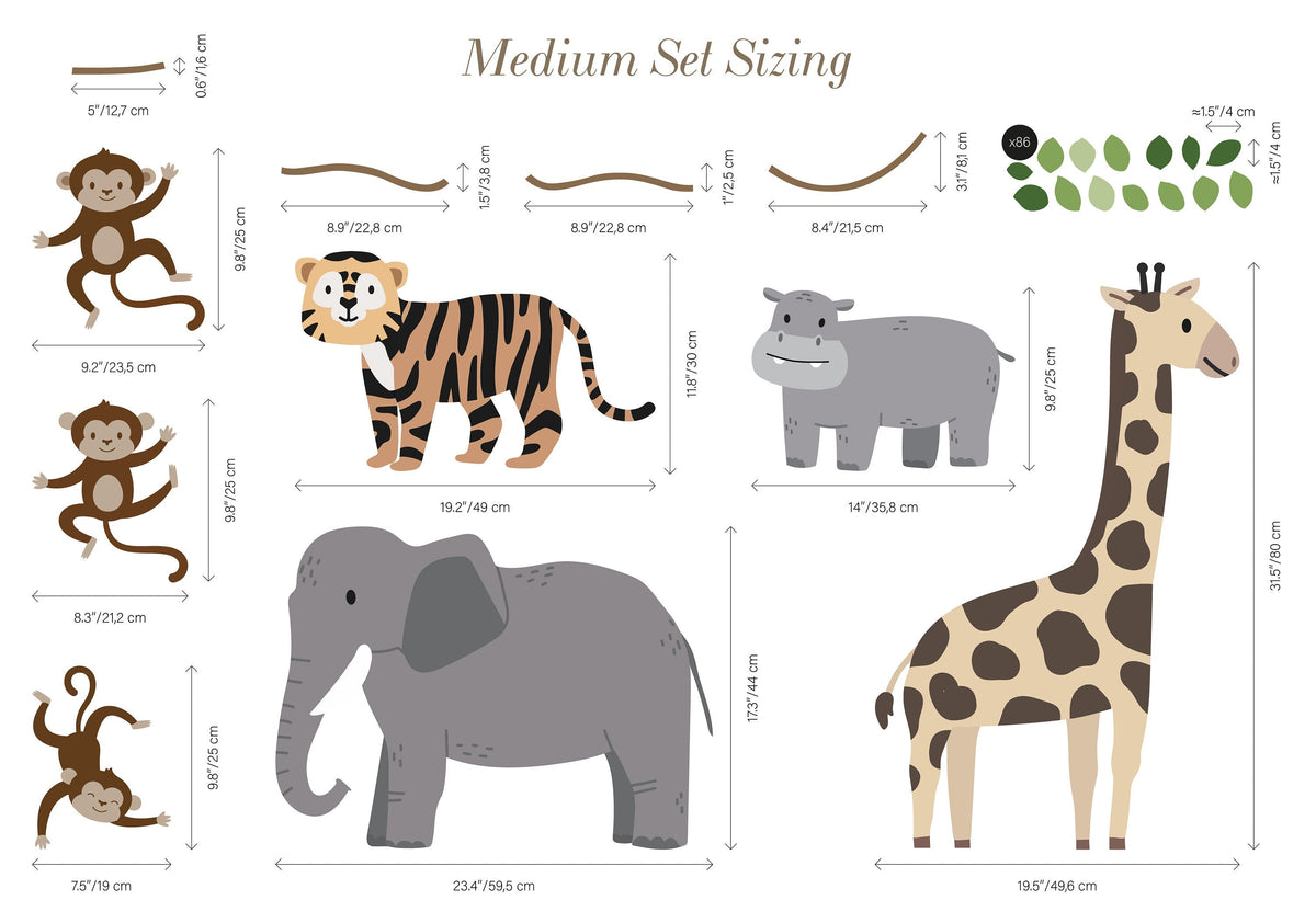 Large Safari Animals & Monkeys Wall Decals | Side-View Style | Jungle Nursery
