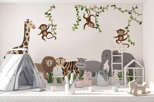 Large Safari Animals and Monkey Wall Decals, Jungle Animal Wall Stickers, Nursery Wall Decals, Repositionable Jungle Wall Decals Style 2