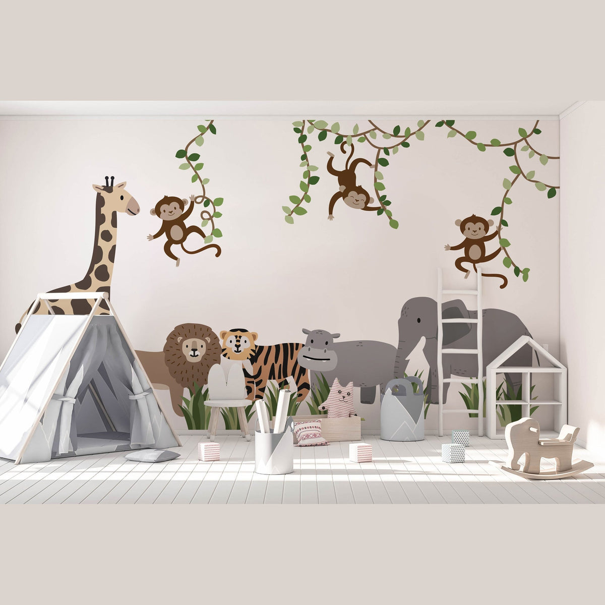 Large Safari Animals & Monkeys Wall Decals | Side-View Style | Jungle Nursery