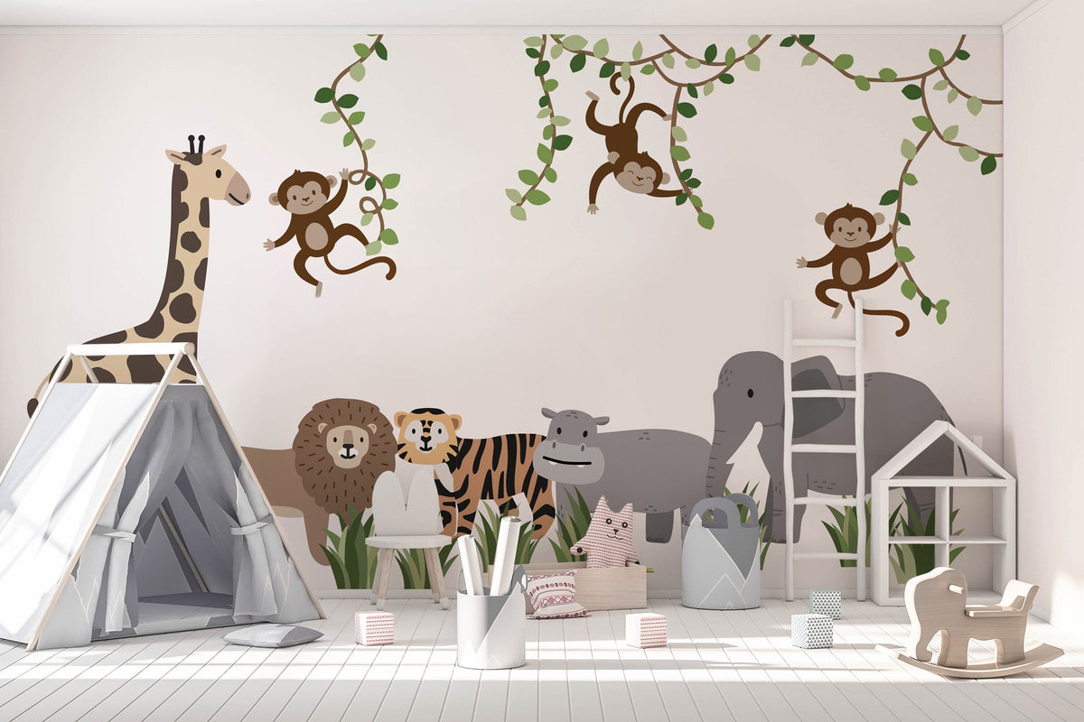 Large Safari Animals & Monkeys Wall Decals | Side-View Style | Jungle Nursery