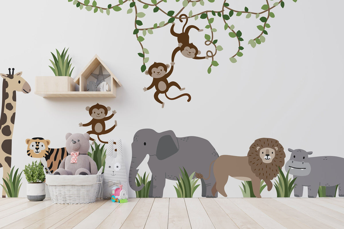 Large Safari Animals & Monkeys Wall Decals | Side-View Style | Jungle Nursery