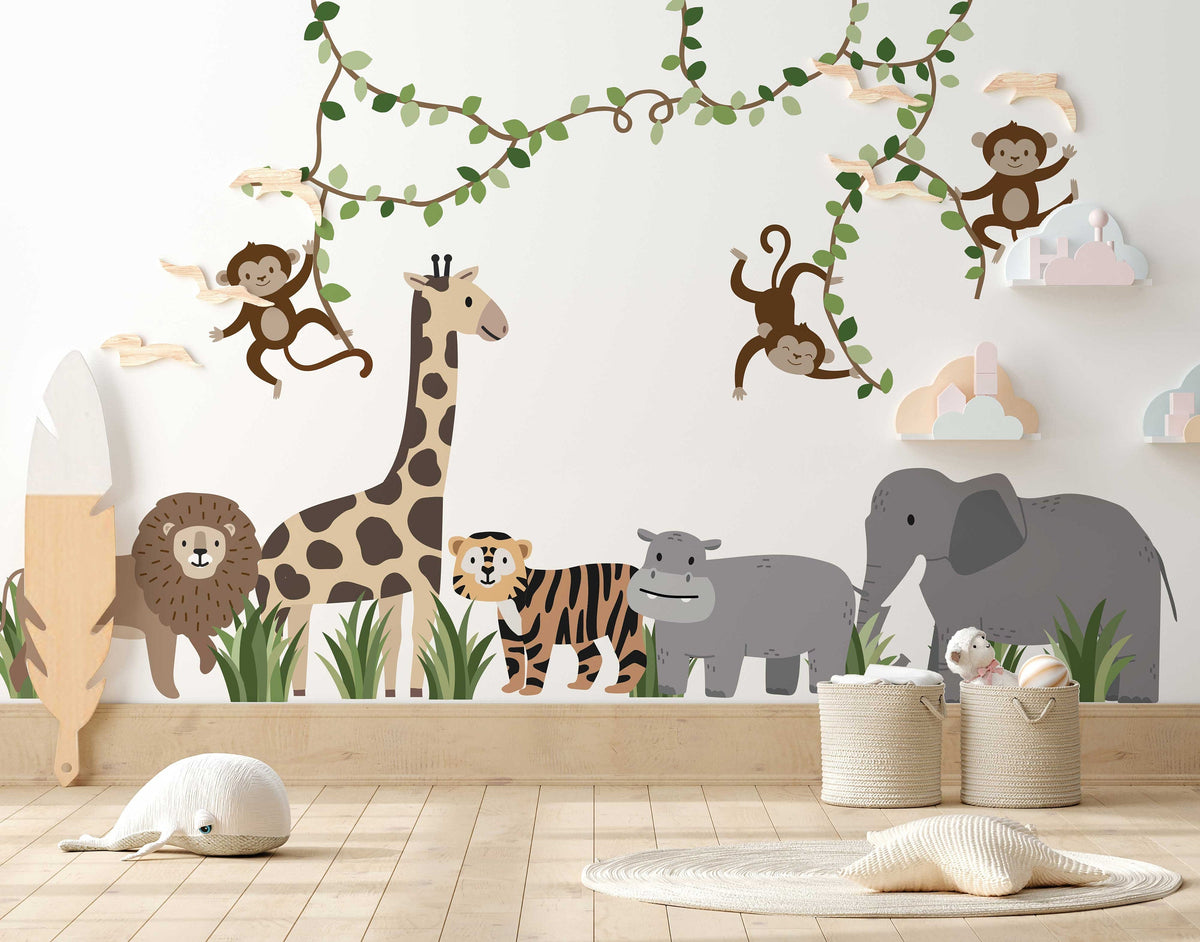 Large Safari Animals & Monkeys Wall Decals | Side-View Style | Jungle Nursery