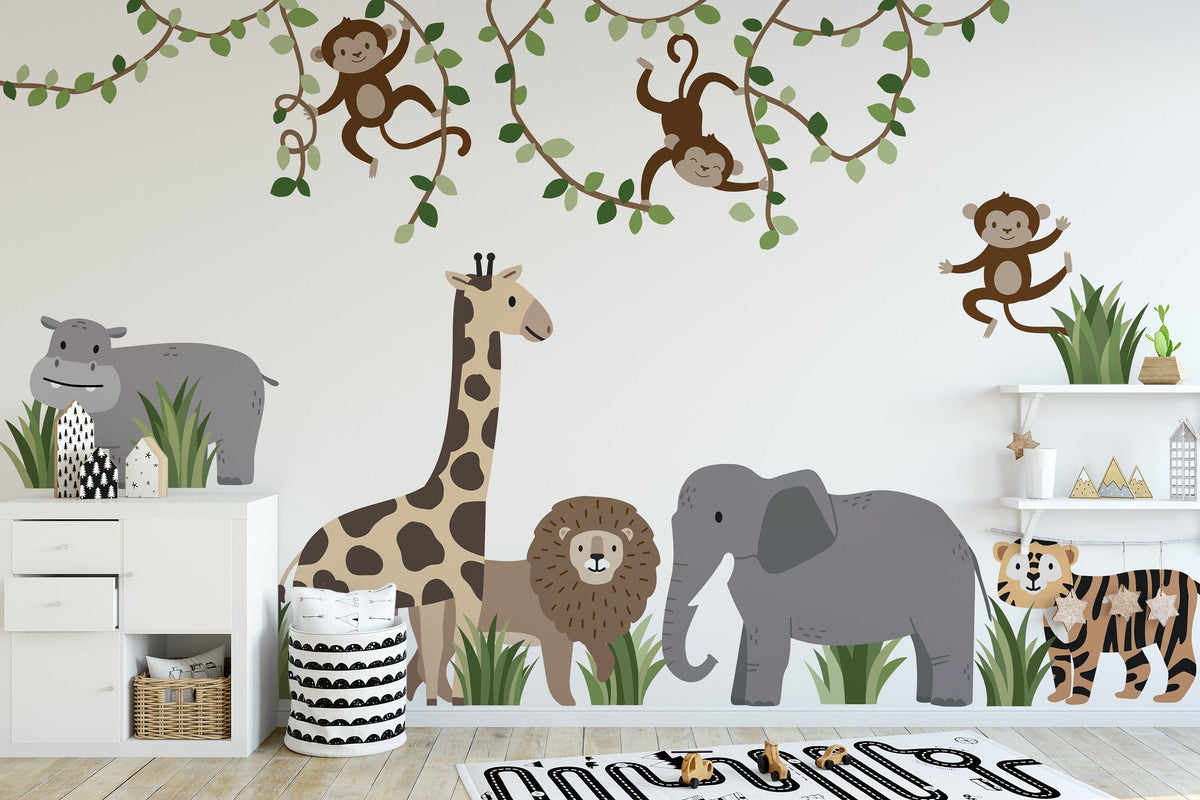 Large Safari Animals & Monkeys Wall Decals | Side-View Style | Jungle Nursery