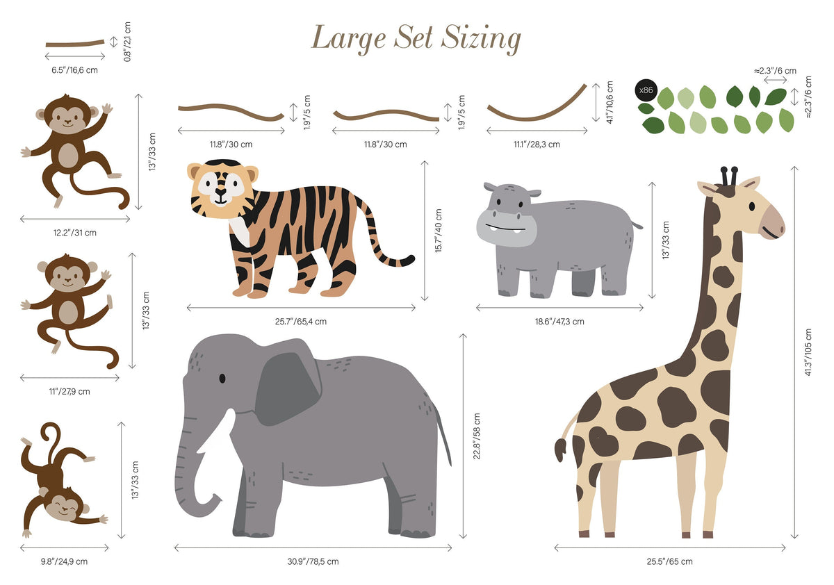 Large Safari Animals and Monkey Wall Decals, Jungle Animal Wall Stickers, Nursery Wall Decals, Repositionable Jungle Wall Decals Style 2
