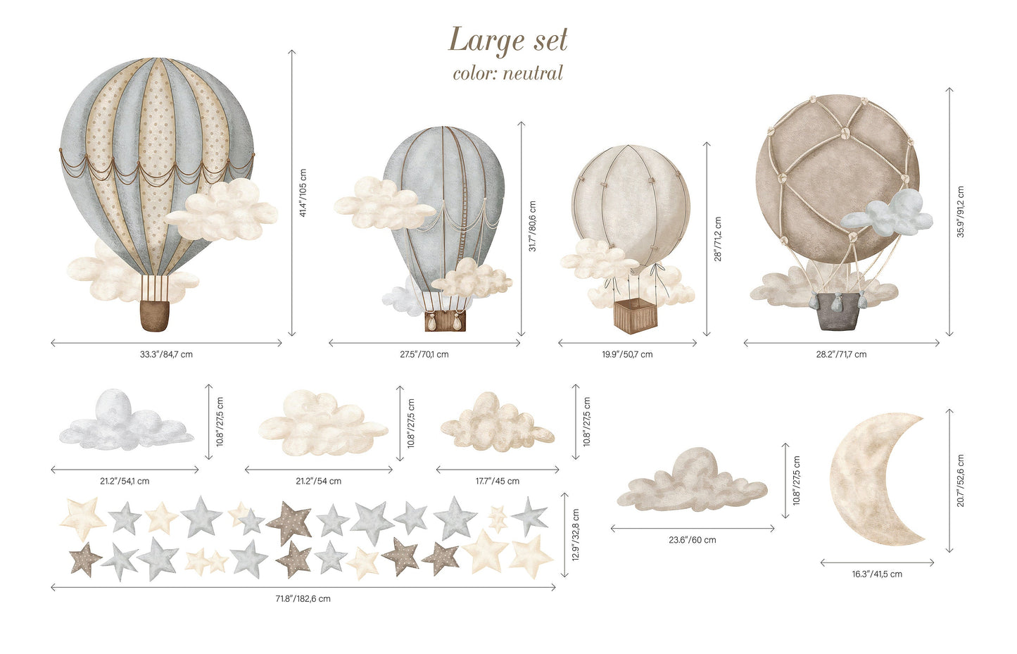 Dreamy Hot Air Balloons and Stars Wall Sticker for Nursery and Kids' Room