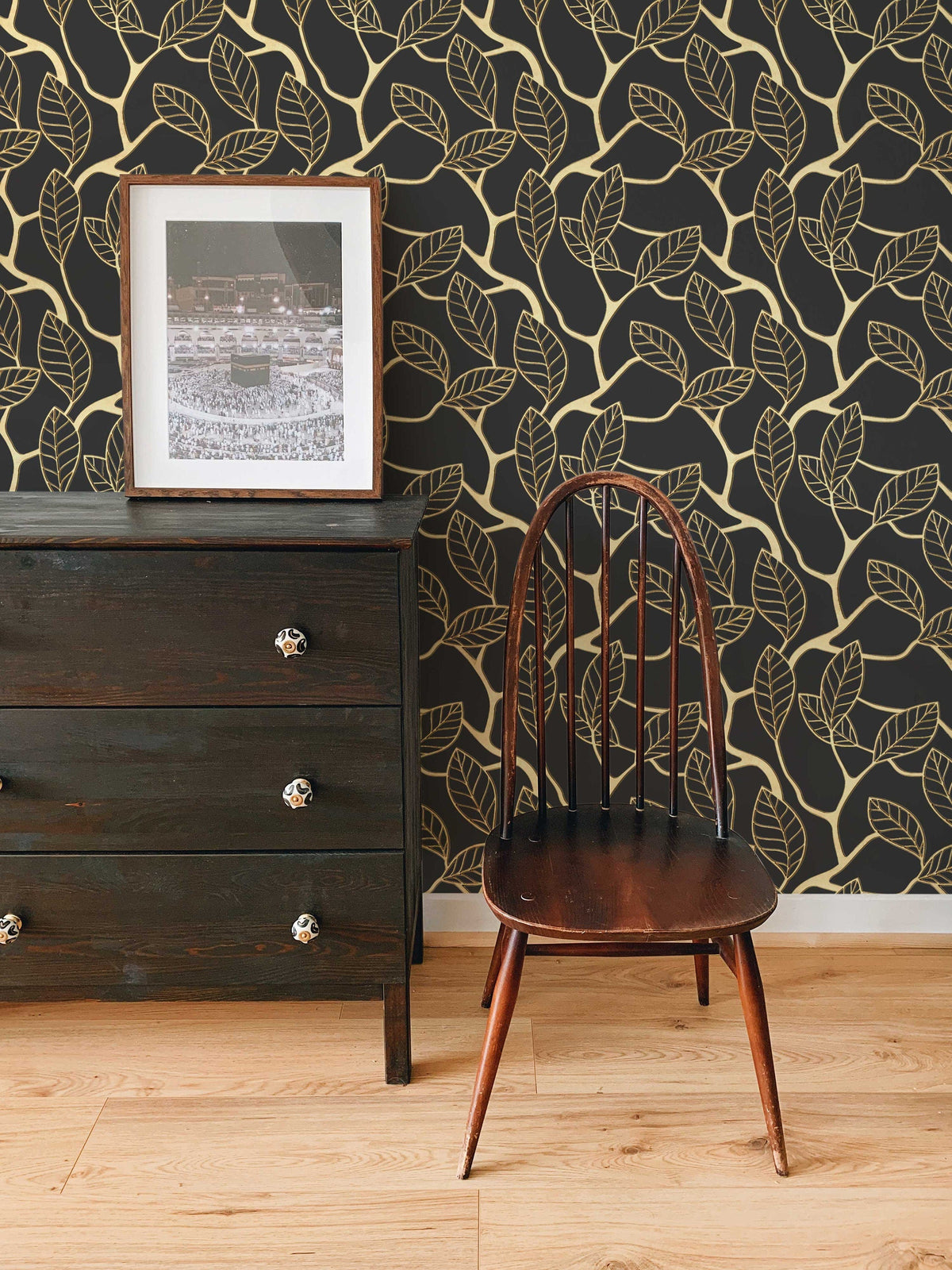 3D Gold Leaf Wallpaper | Art Deco Wall Mural | Dark Art Deco Wall Decor | Peel and Stick or Traditional