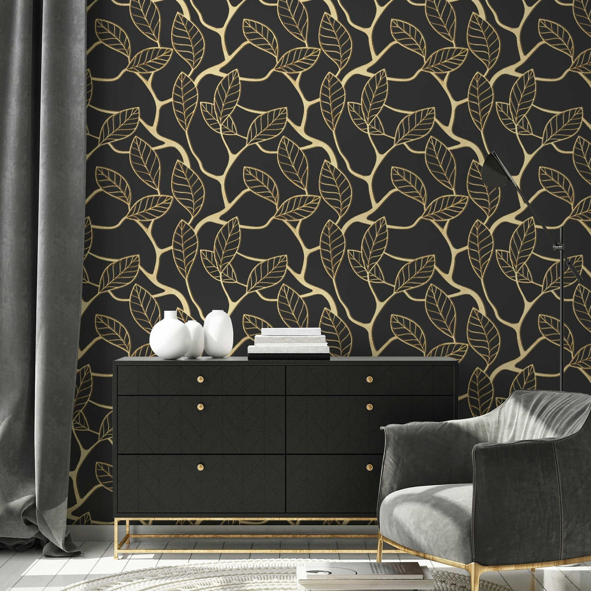 3D Gold Leaf Wallpaper | Art Deco Wall Mural | Dark Art Deco Wall Decor | Peel and Stick or Traditional