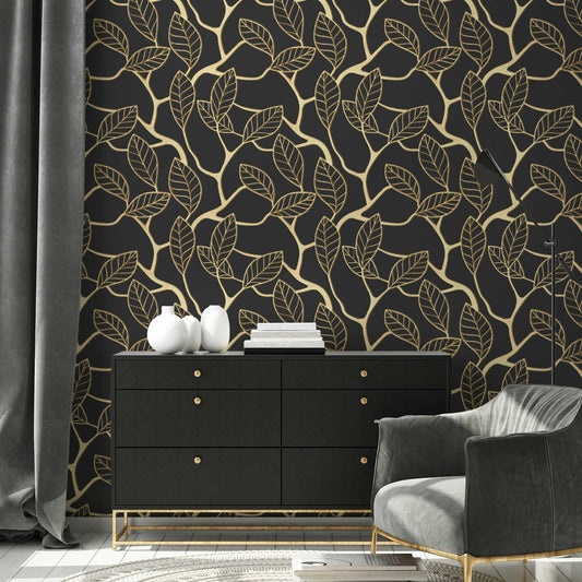 3D Gold Leaf Wallpaper | Art Deco Wall Mural | Dark Art Deco Wall Decor | Peel and Stick or Traditional