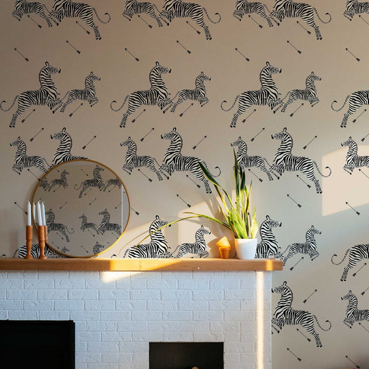 Custom Zebra with Arrow Wallpaper | Leaping Zebras Wall Mural | Custom Background Colours | Peel and Stick or Traditional