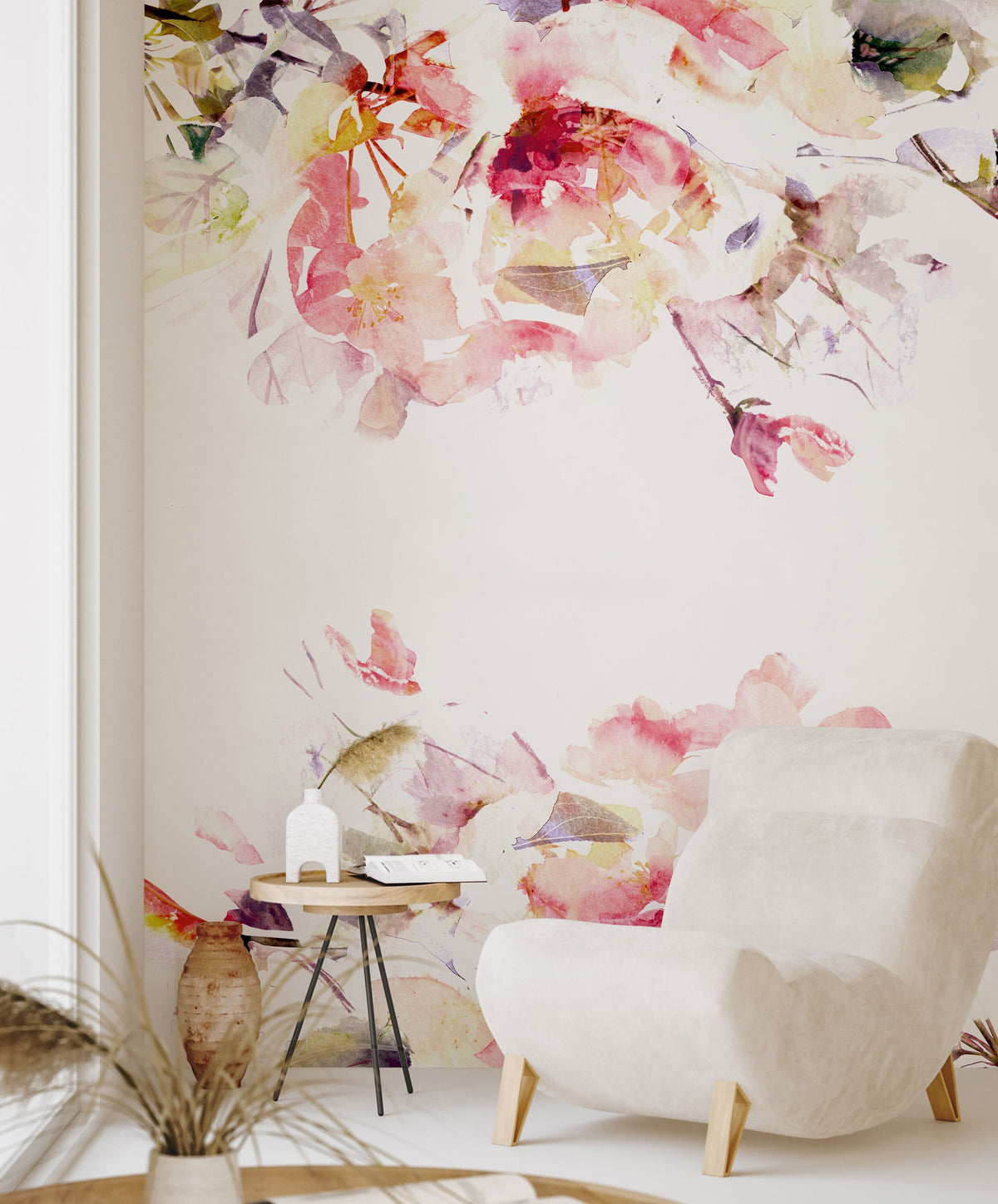 Spring Floral Wallpaper | Watercolour Wall Mural | Flowers Art Print | Romantic Bedroom Decoration | Pink | Peel and Stick or Traditional