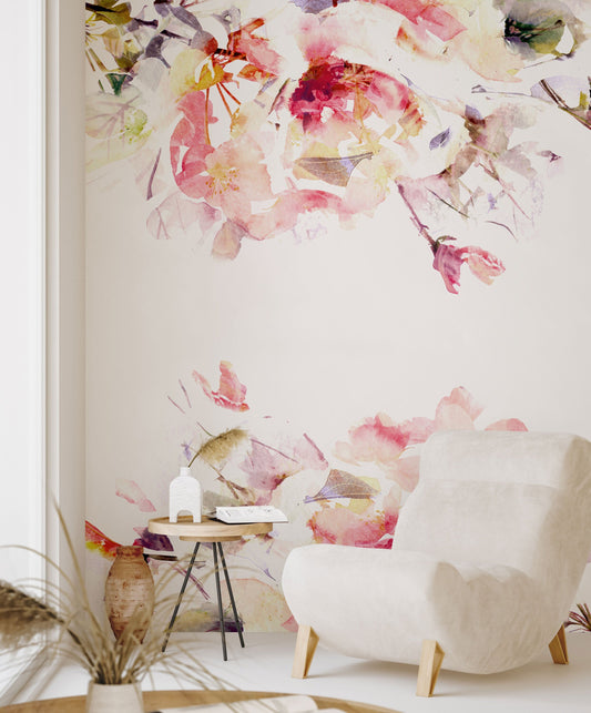 Spring Floral Removable Wallpaper | Watercolor Wall Mural | Peel and Stick Material | Flowers Art Print | Romantic Bedroom Decoration | Pink