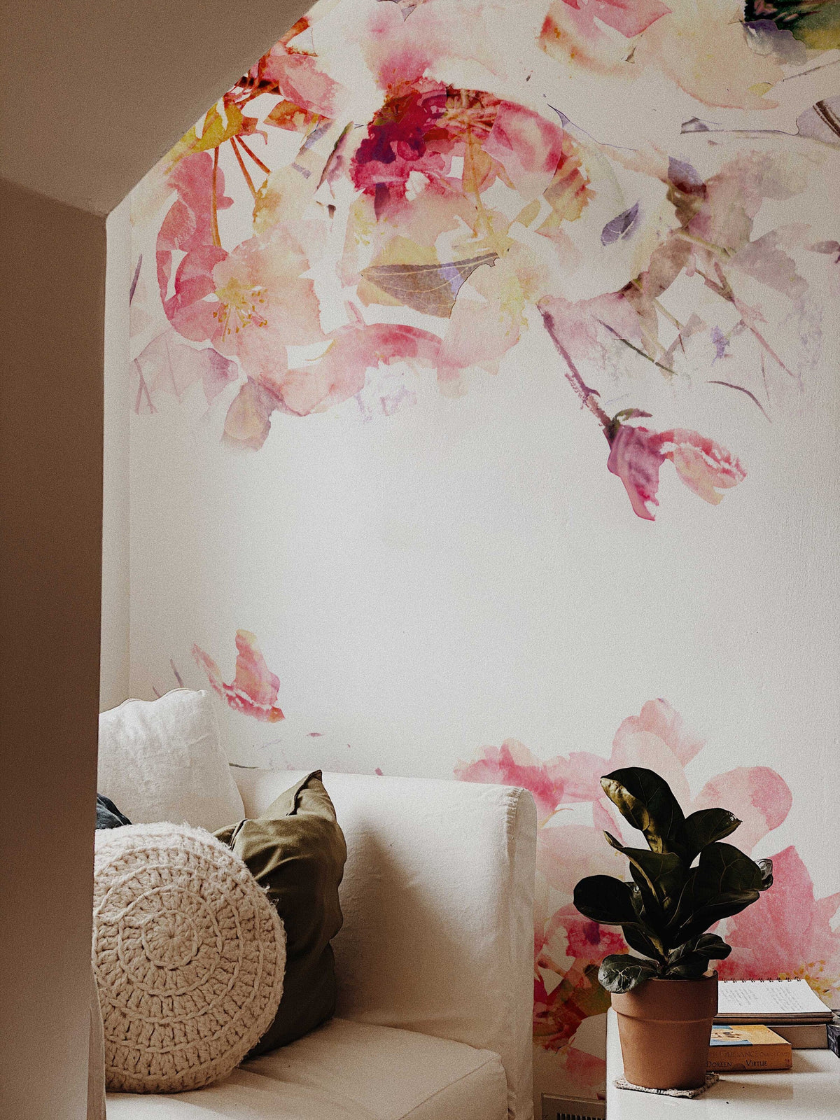 Spring Floral Wallpaper | Watercolour Wall Mural | Flowers Art Print | Romantic Bedroom Decoration | Pink | Peel and Stick or Traditional