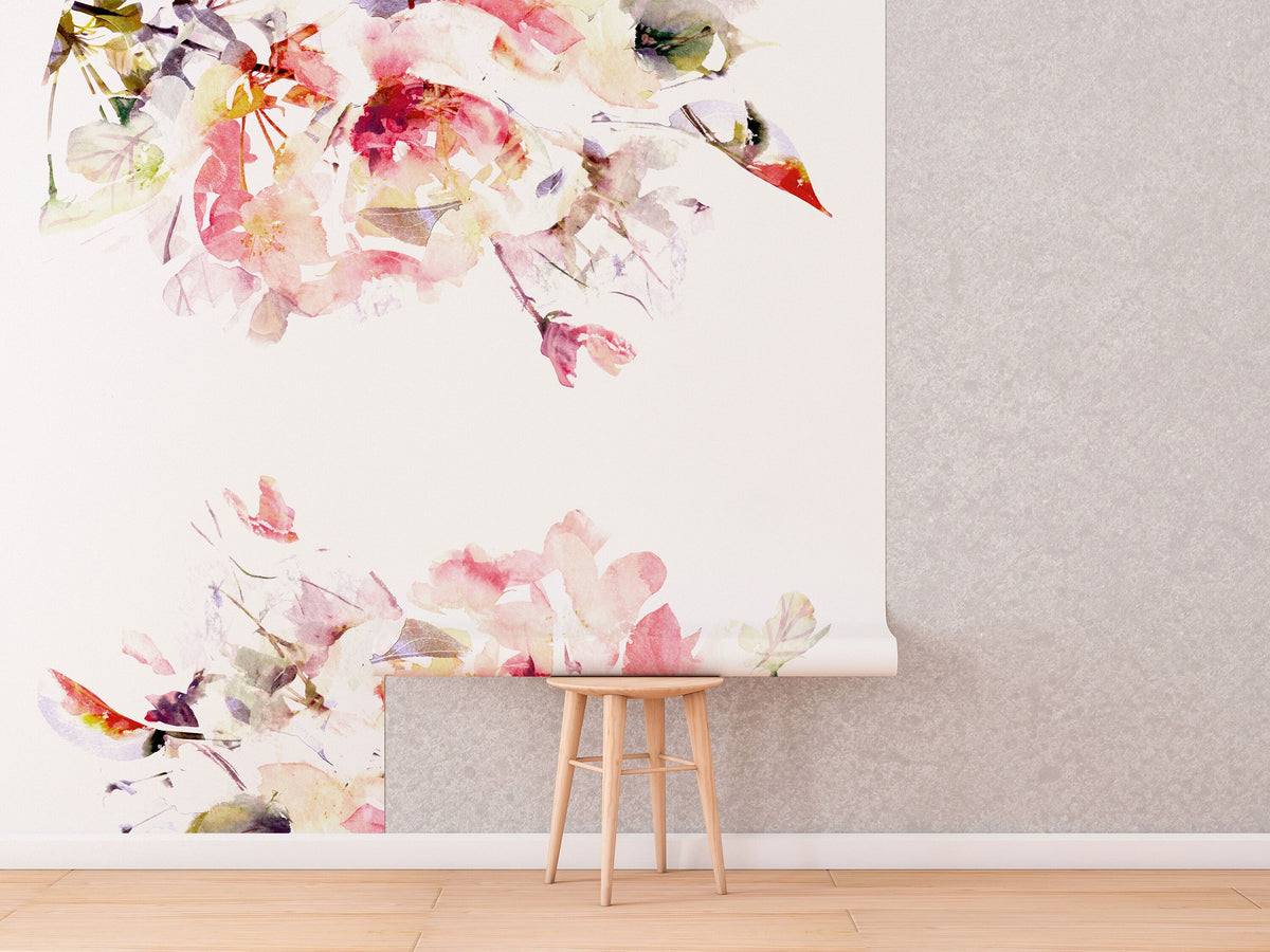 Spring Floral Wallpaper | Watercolour Wall Mural | Flowers Art Print | Romantic Bedroom Decoration | Pink | Peel and Stick or Traditional