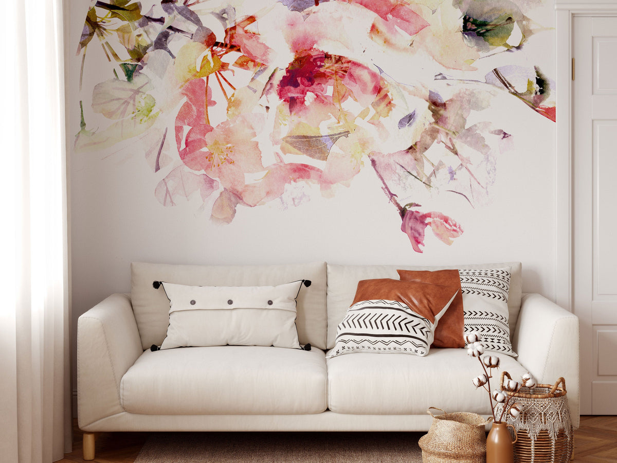 Spring Floral Wallpaper | Watercolour Wall Mural | Flowers Art Print | Romantic Bedroom Decoration | Pink | Peel and Stick or Traditional