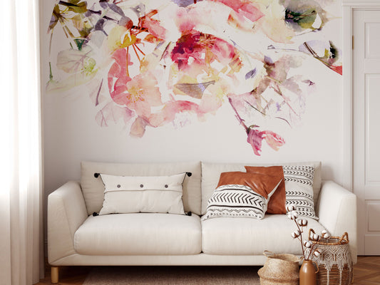 Spring Floral Wallpaper | Watercolour Wall Mural | Flowers Art Print | Romantic Bedroom Decoration | Pink | Peel and Stick or Traditional