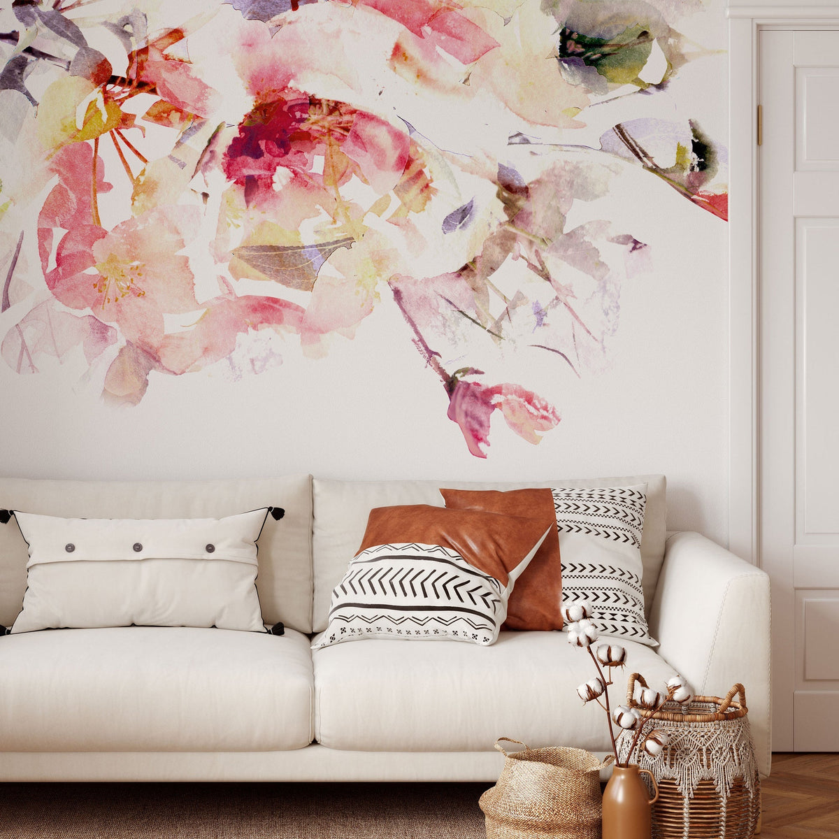 Spring Floral Wallpaper | Watercolour Wall Mural | Flowers Art Print | Romantic Bedroom Decoration | Pink | Peel and Stick or Traditional