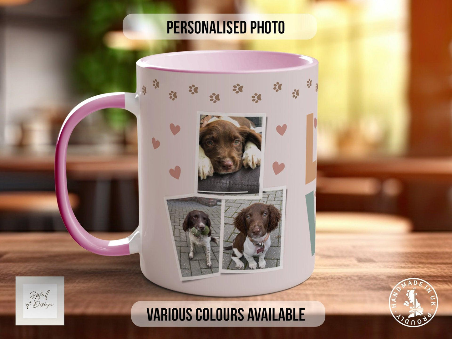 Personalised Dog Mug -  Pink Love Paws Photo Grid  - Multiple Mug Colours