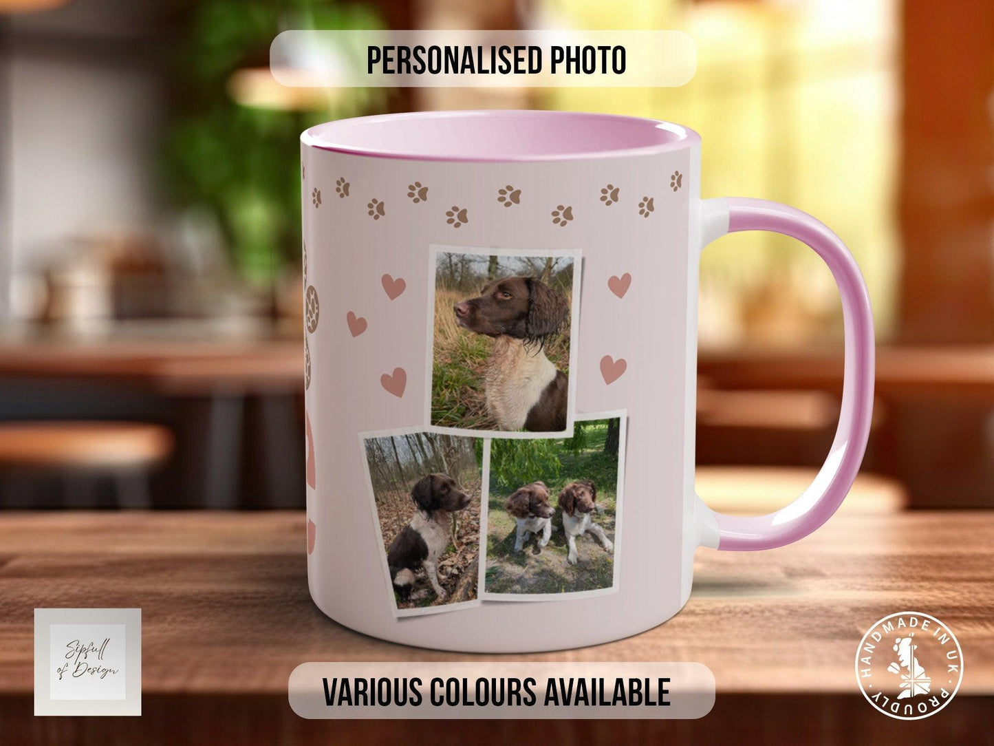 Personalised Dog Mug -  Pink Love Paws Photo Grid  - Multiple Mug Colours