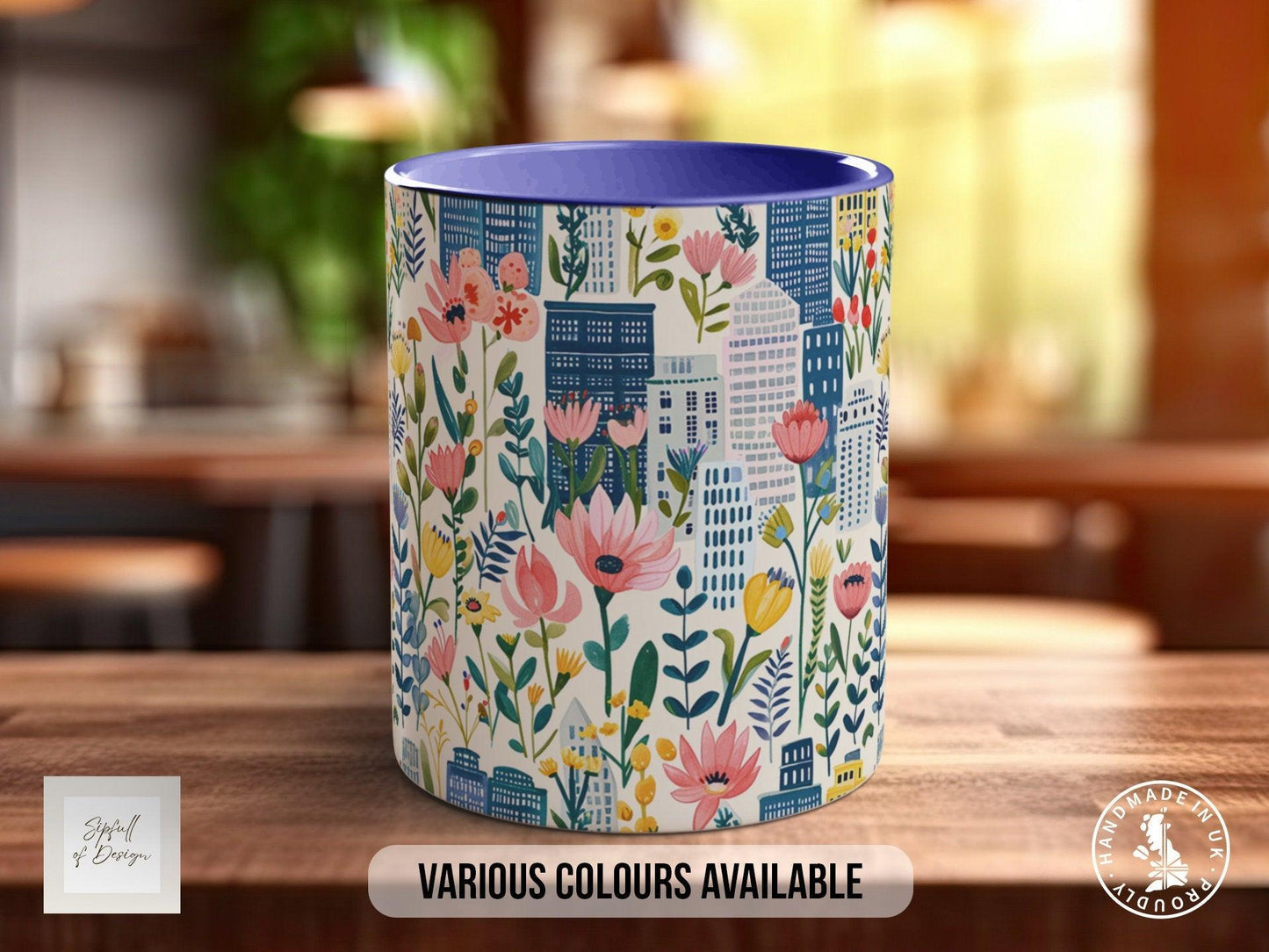 Cityscape Wildflower Pattern Full Wrap Coloured Art Mug - Design 1