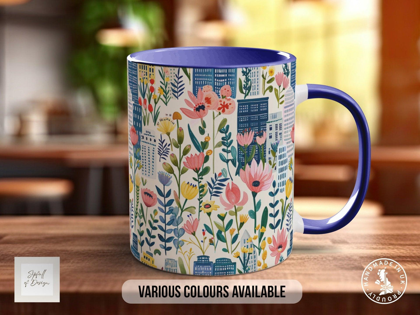 Cityscape Wildflower Pattern Full Wrap Coloured Art Mug - Design 1