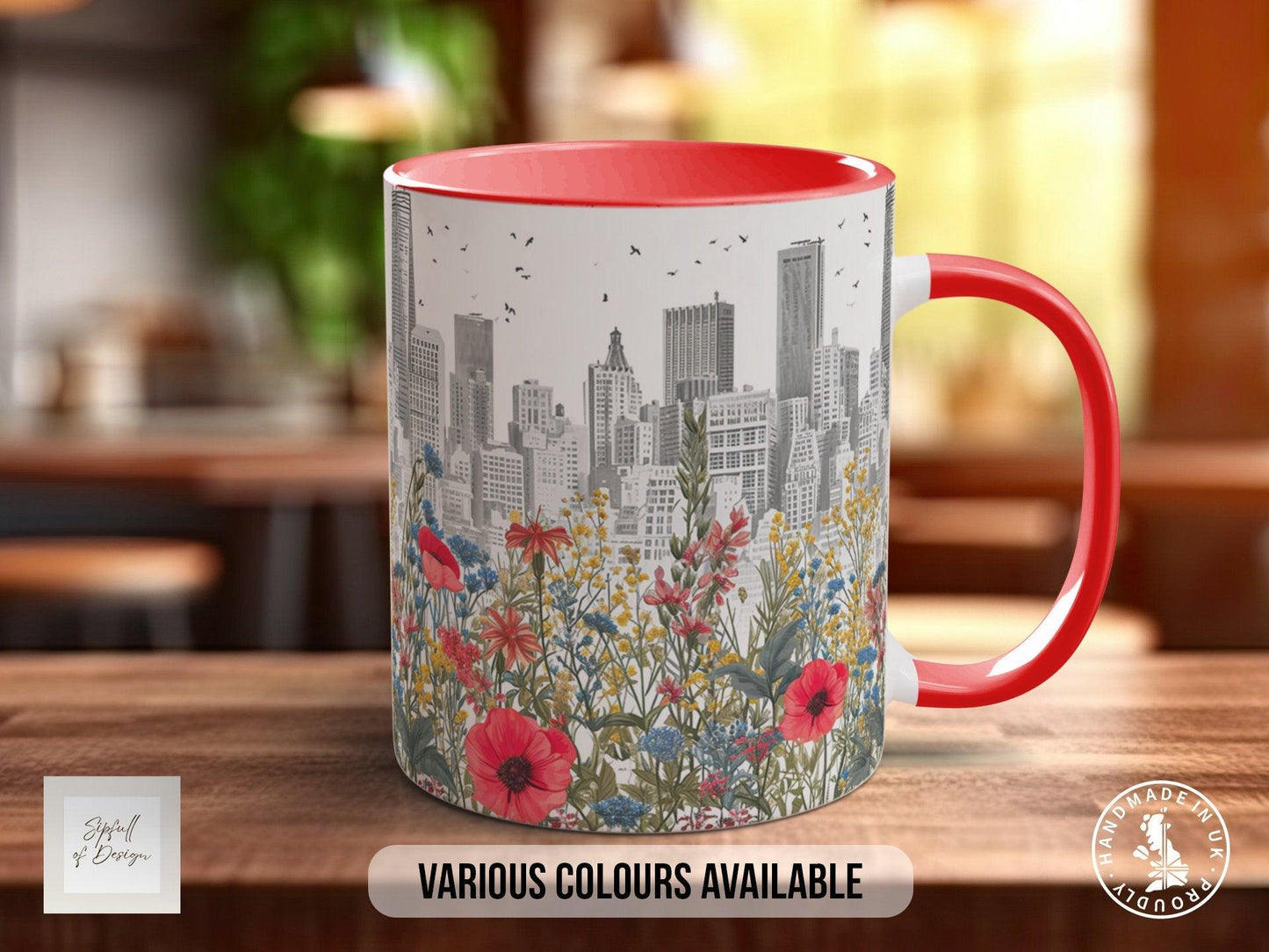 Cityscape Wildflower Pattern Full Wrap Coloured Art Mug - Design 2