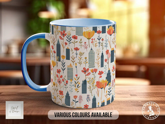 Cityscape Wildflower Pattern Full Wrap Coloured Art Mug - Design 4