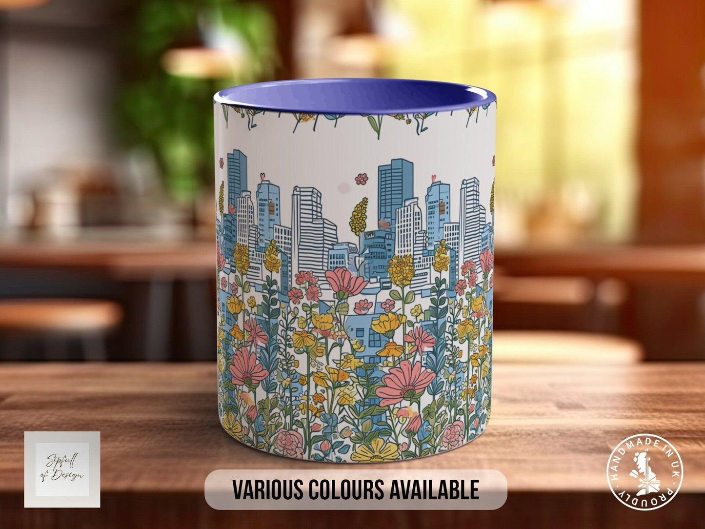 Cityscape Wildflower Pattern Full Wrap Coloured Art Mug - Design 7