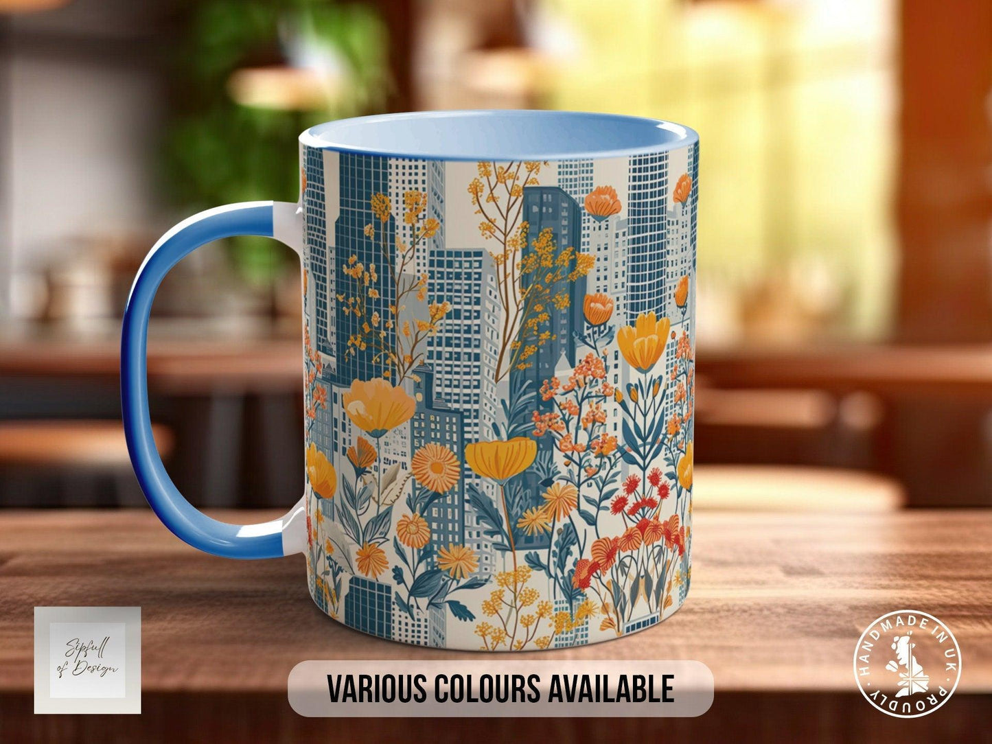 Cityscape Wildflower Pattern Full Wrap Coloured Art Mug - Design 11