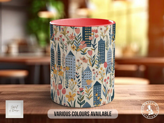 Cityscape Wildflower Pattern Full Wrap Coloured Art Mug - Design 13