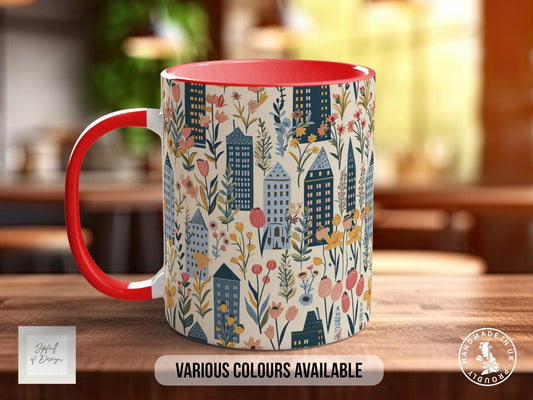 Cityscape Wildflower Pattern Full Wrap Coloured Art Mug - Design 13
