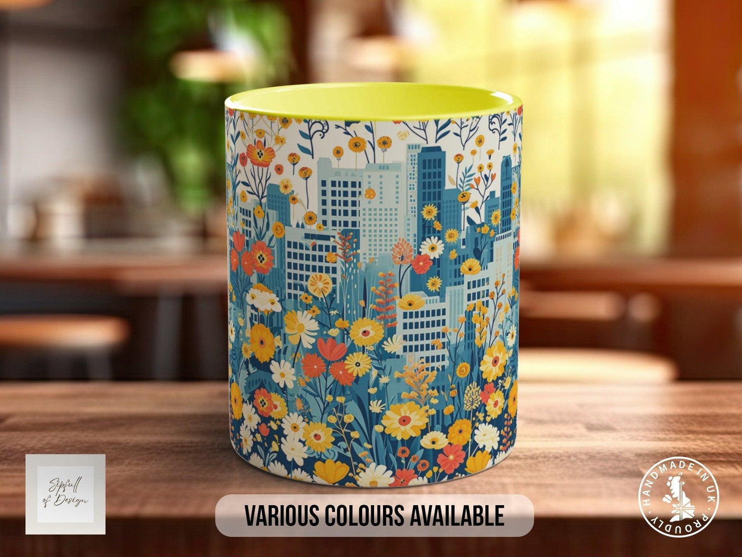 Cityscape Wildflower Pattern Full Wrap Coloured Art Mug - Design 14