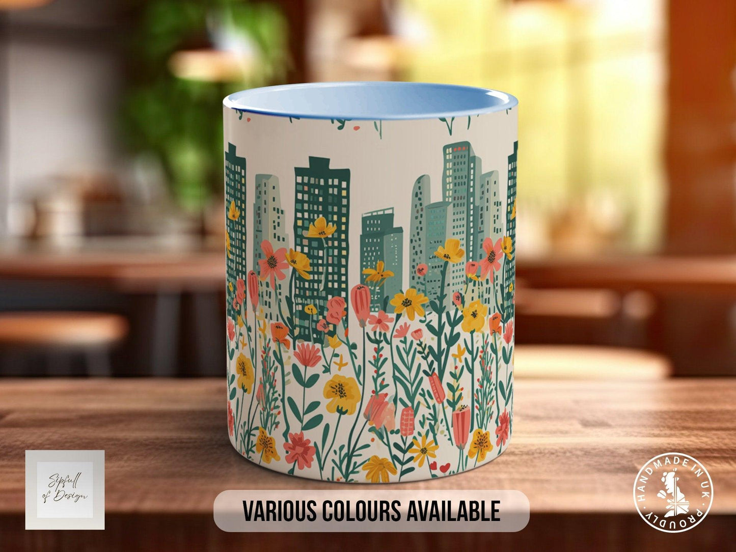 Cityscape Wildflower Pattern Full Wrap Coloured Art Mug - Design 15
