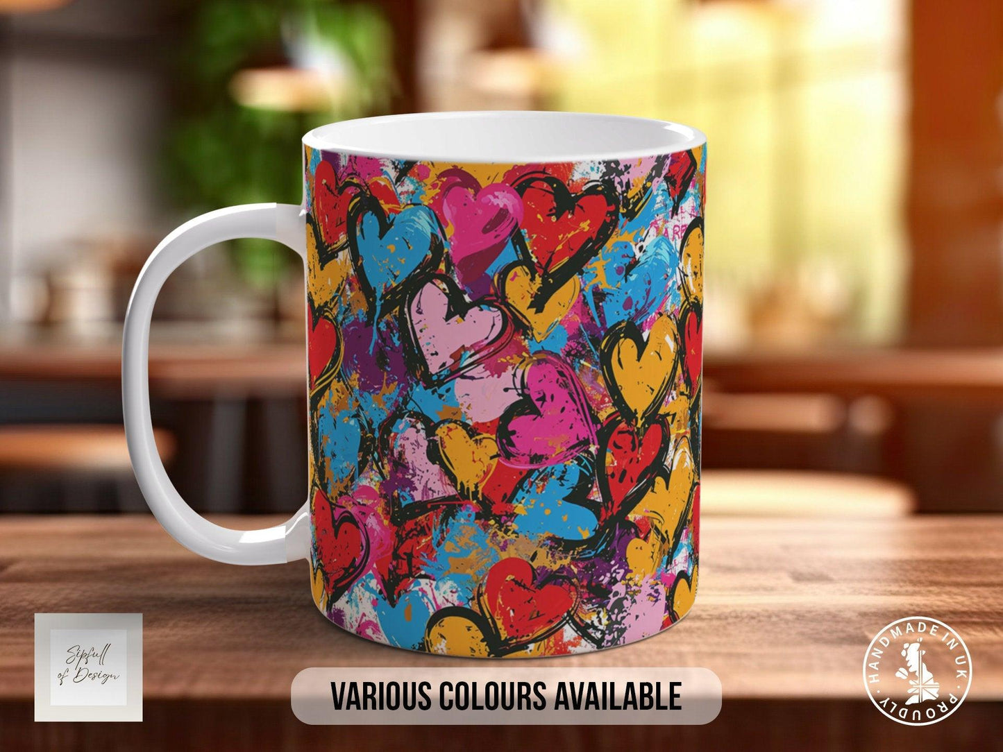 Graffiti Hearts Pattern Full Wrap Coloured Art Mug - Design 3