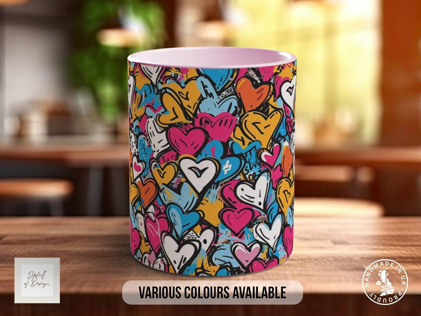 Graffiti Hearts Pattern Full Wrap Coloured Art Mug - Design 5