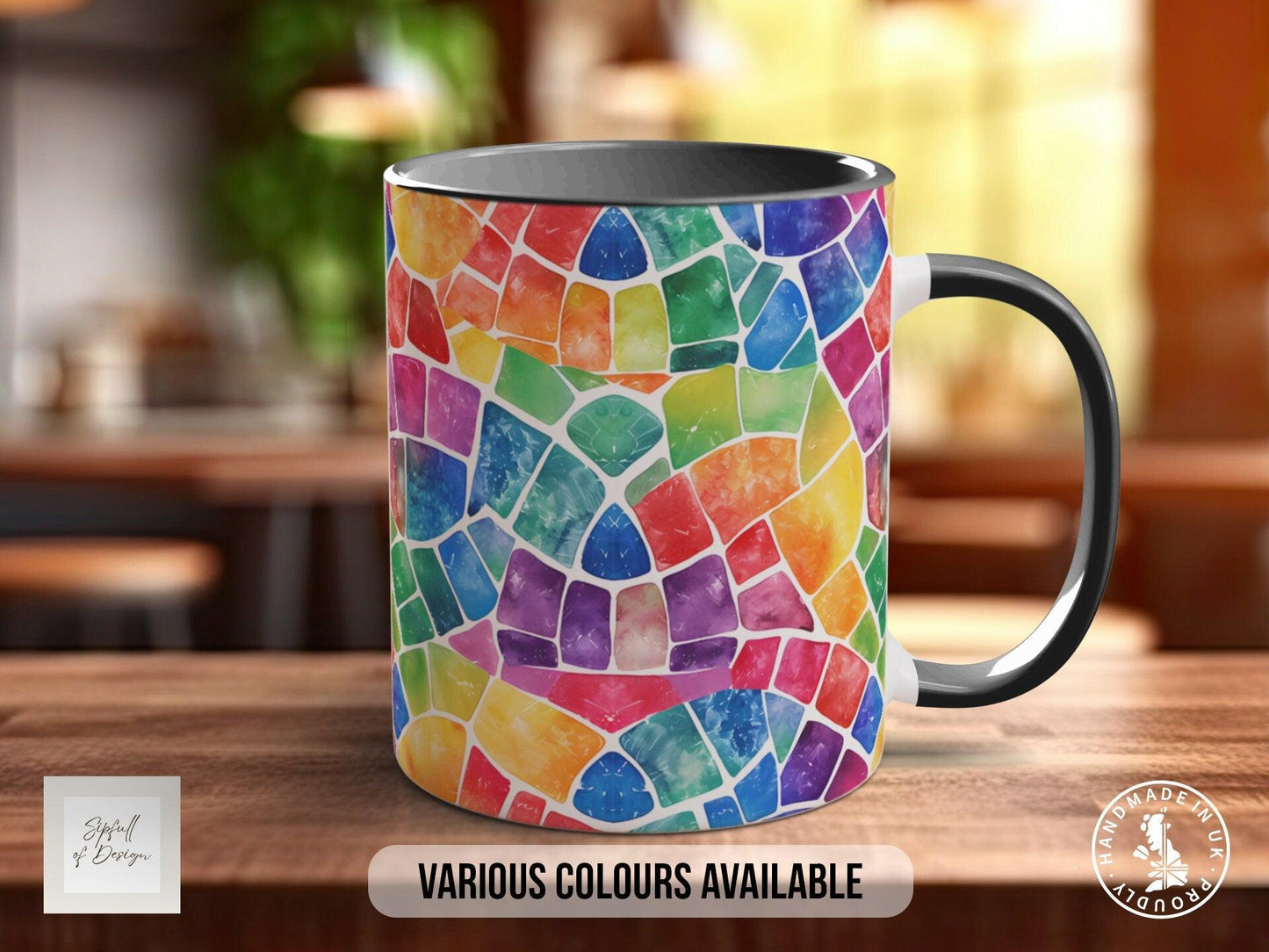 Watercolour Rainbow Stained Glass Pattern Full Wrap Coloured Art Mug - Design 1