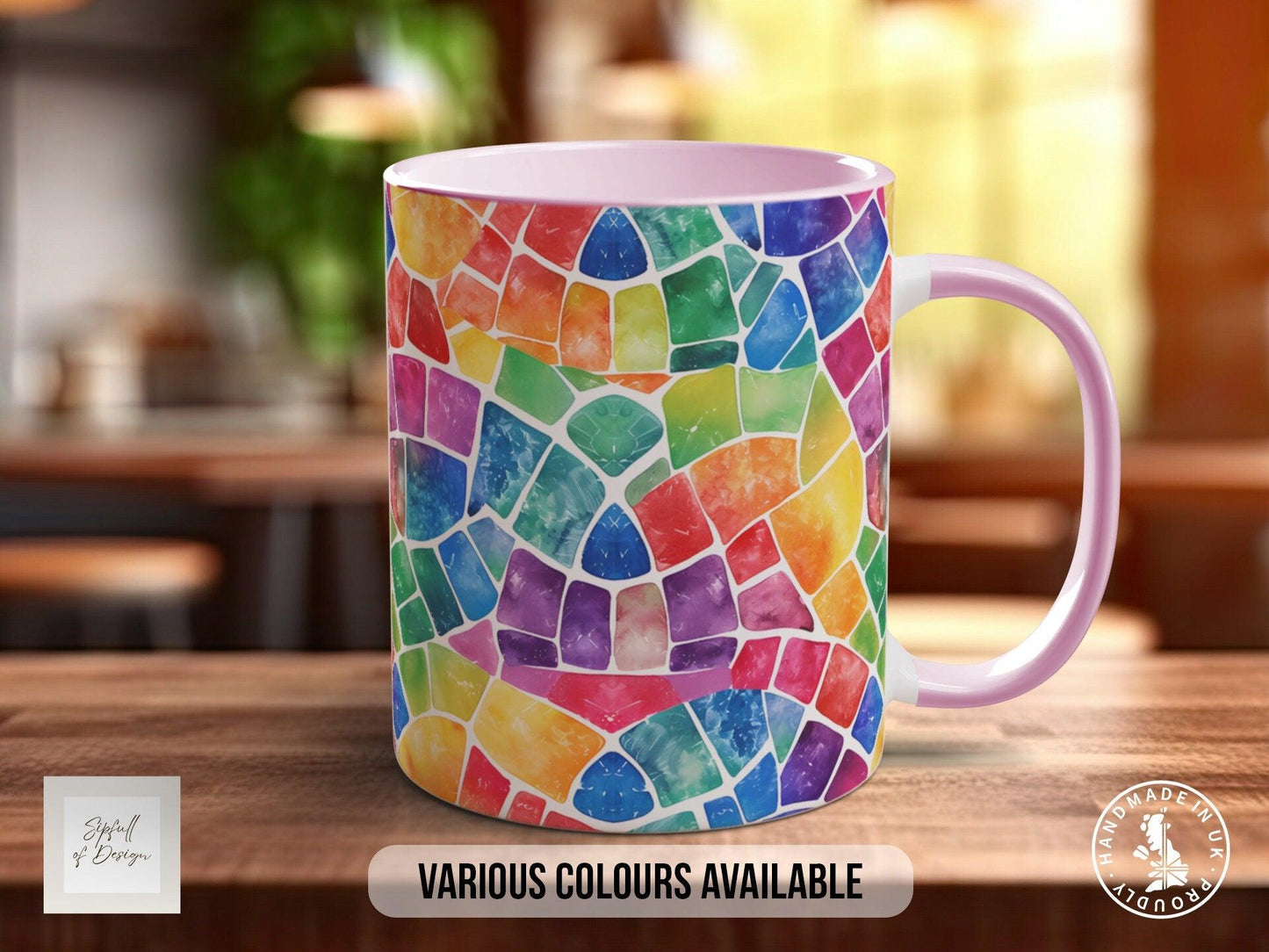 Watercolour Rainbow Stained Glass Pattern Full Wrap Coloured Art Mug - Design 1