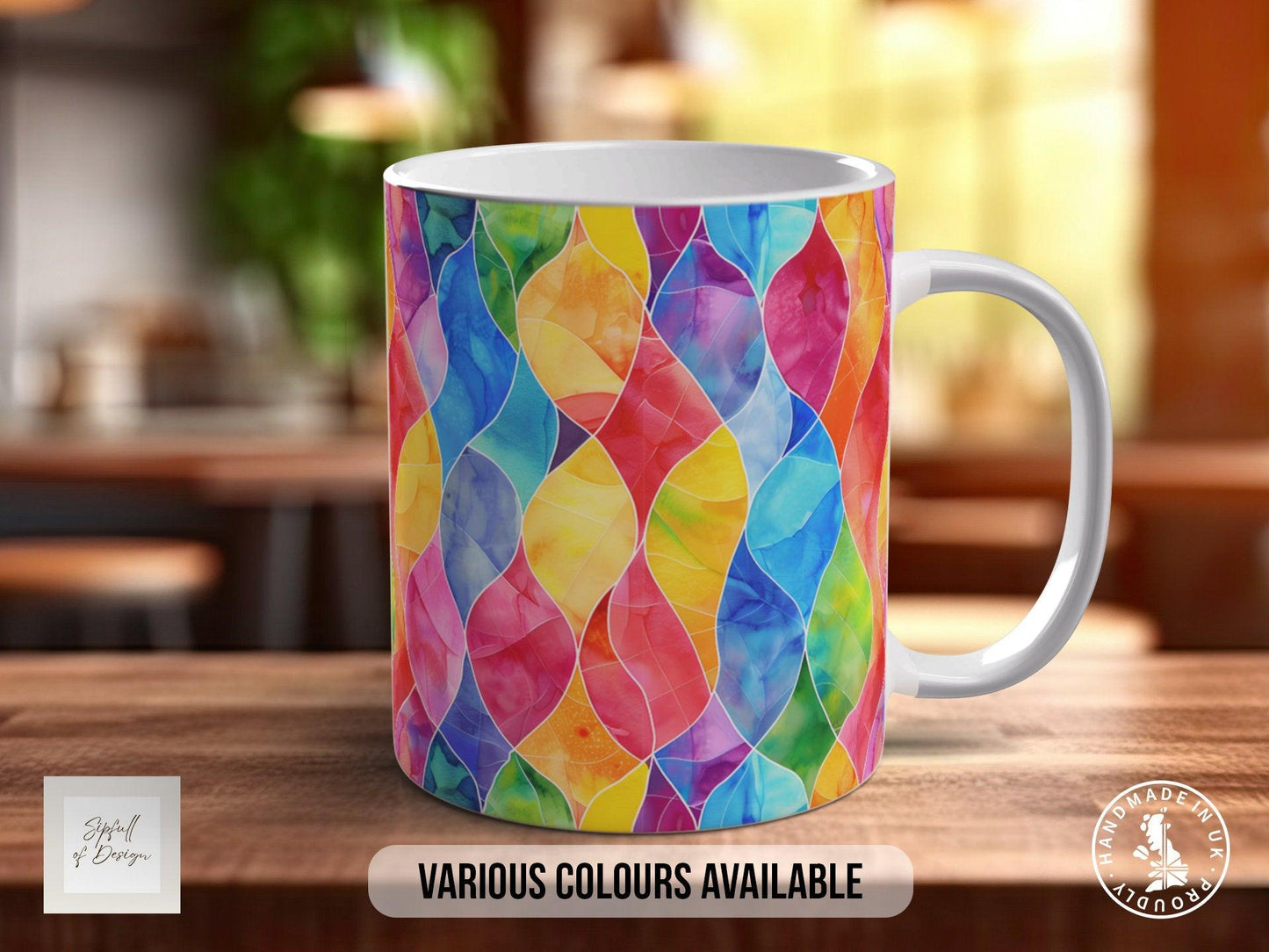 Watercolour Rainbow Stained Glass Pattern Full Wrap Coloured Art Mug - Design 3