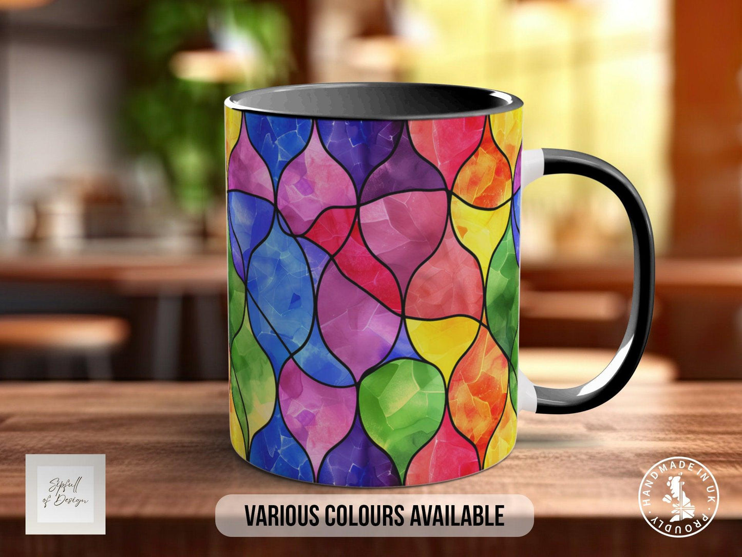 Watercolour Rainbow Stained Glass Pattern Full Wrap Coloured Art Mug - Design 7