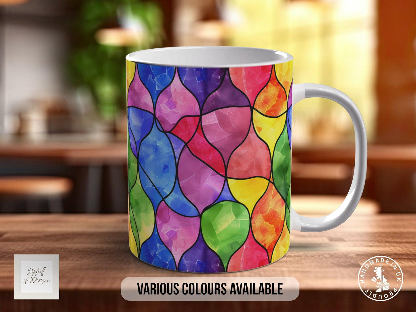 Watercolour Rainbow Stained Glass Pattern Full Wrap Coloured Art Mug - Design 7