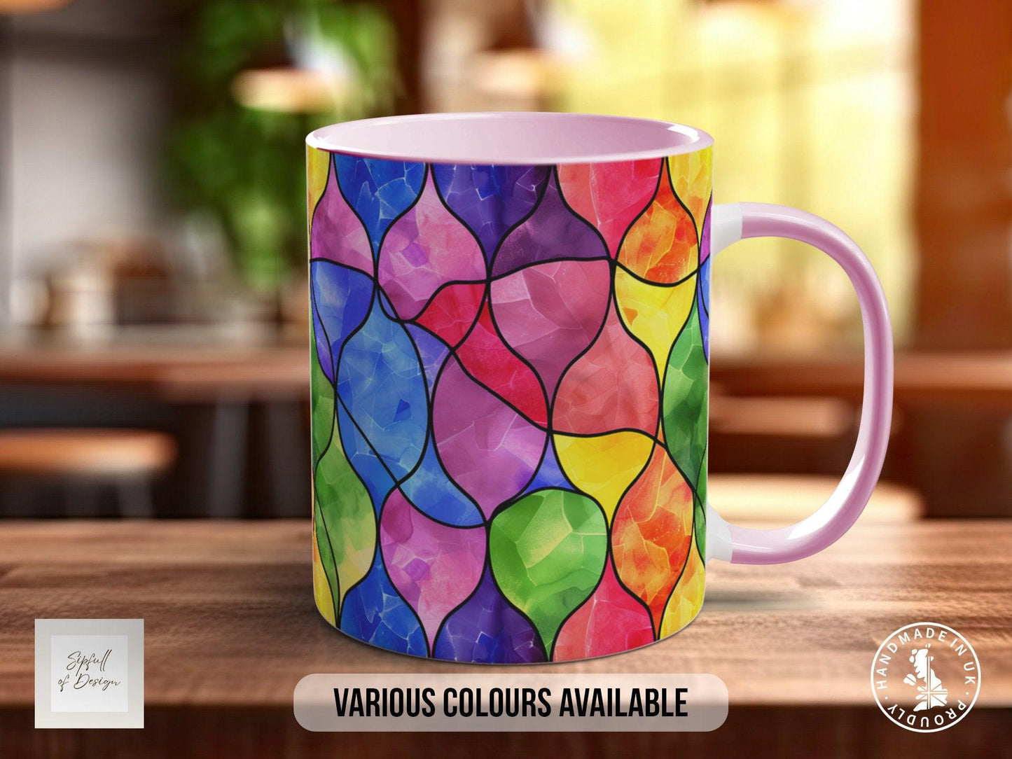 Watercolour Rainbow Stained Glass Pattern Full Wrap Coloured Art Mug - Design 7