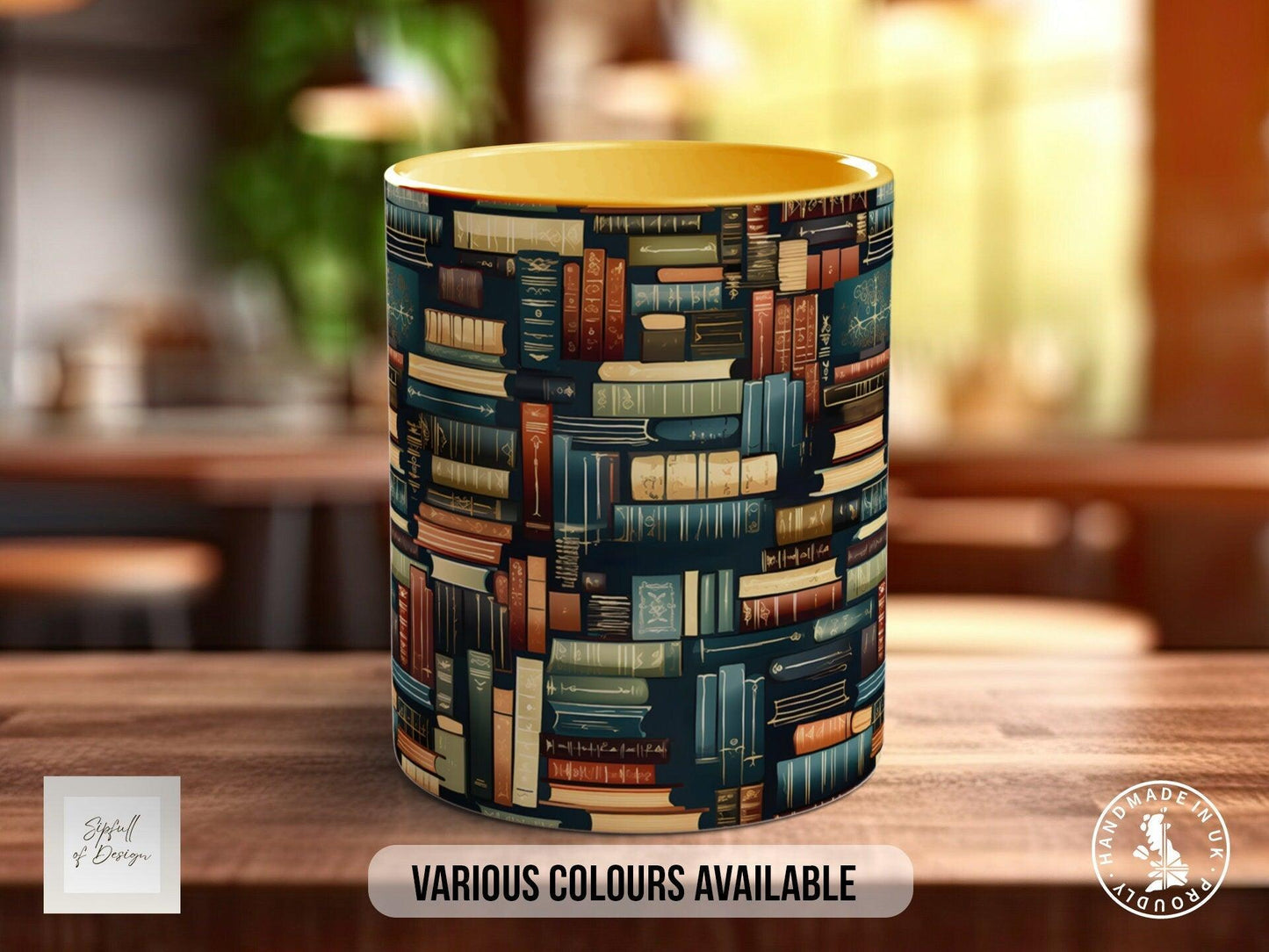 Book Shelf Pattern Full Wrap Coloured Art Mug - Design 11