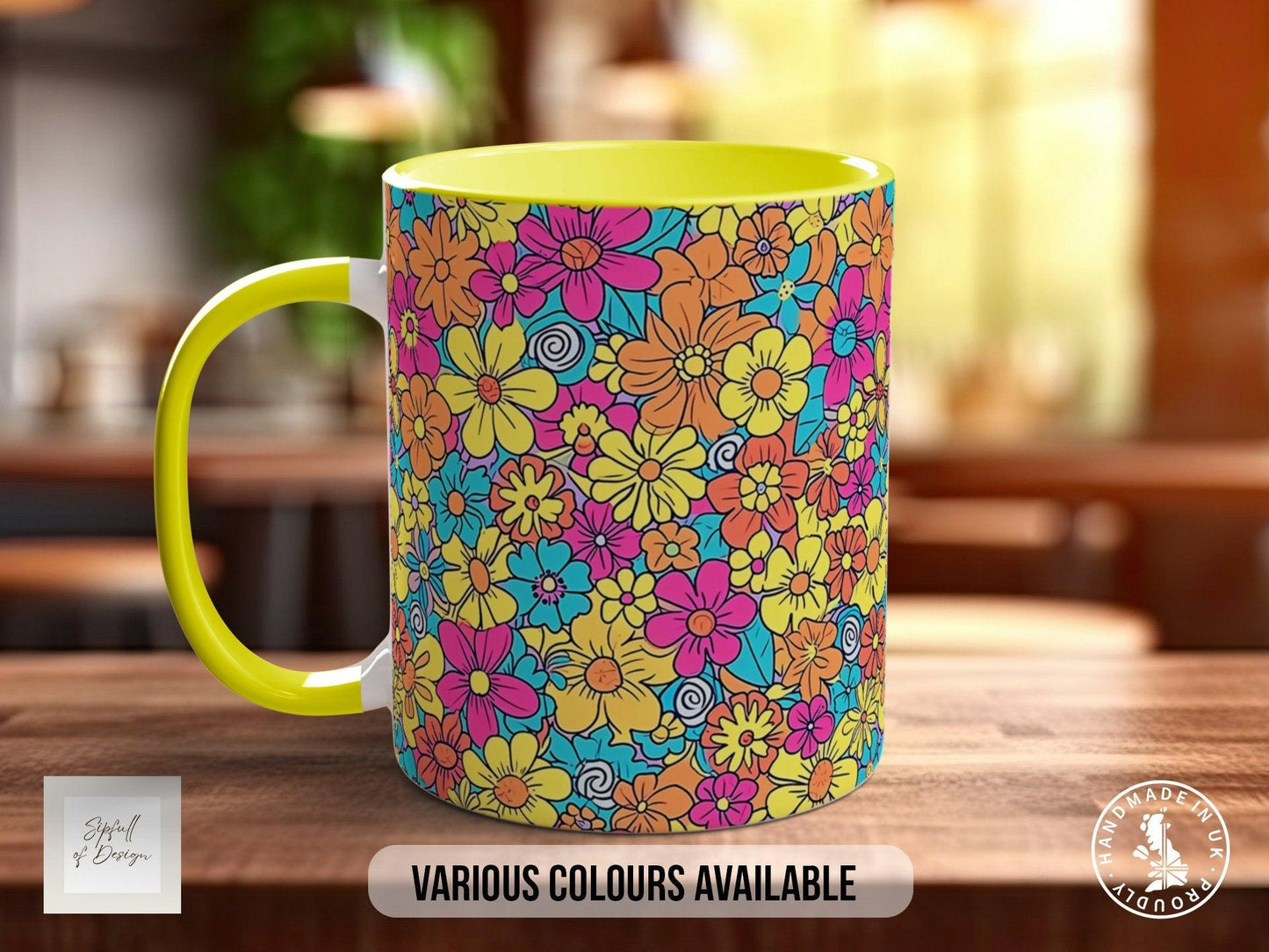 Coloured Groovy Flowers Full Wrap Art Mug - Design 5